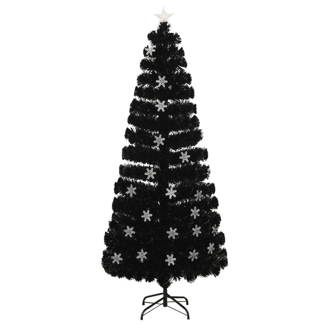 juletræ med LED-snefnug 210 cm fiberoptik sort