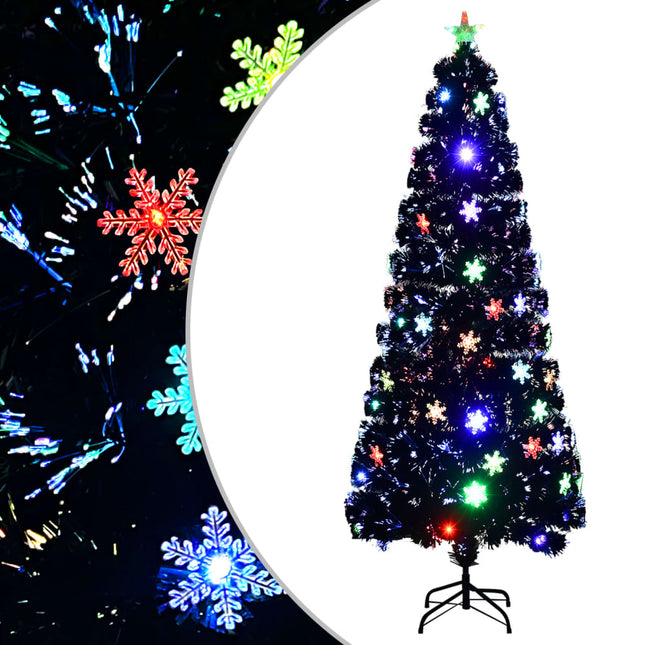 juletræ med LED-snefnug 240 cm fiberoptik sort