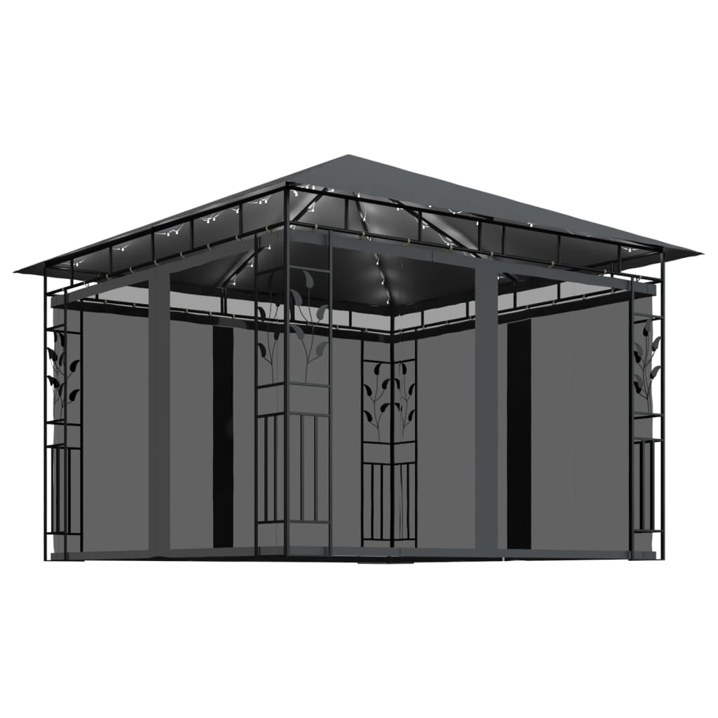 pavillon med myggenet og LED-lyskæder 3x3x2,73 m antracitgrå