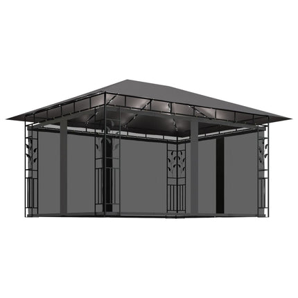 pavillon med myggenet og LED-lyskæder 4x3x2,73 m antracitgrå