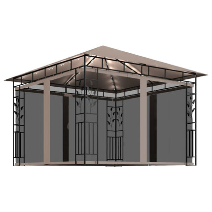 pavillon med myggenet og LED-lyskæder 3x3x2,73 m gråbrun