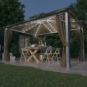 pavillon med gardin + LED-lyskæde 400x300 cm aluminium gråbrun