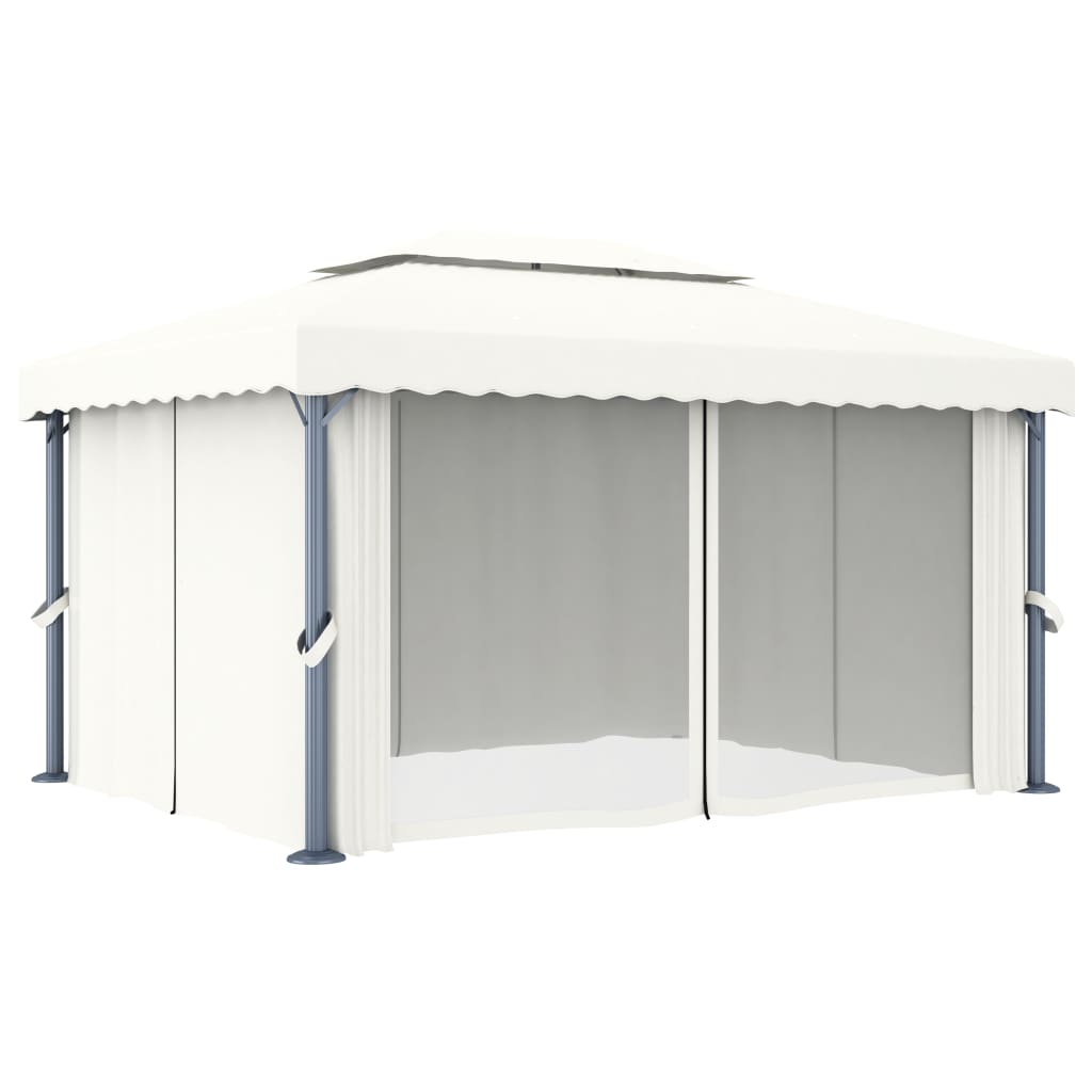 pavillon med gardin og LED-lyskæder 4x3 m cremefarvet