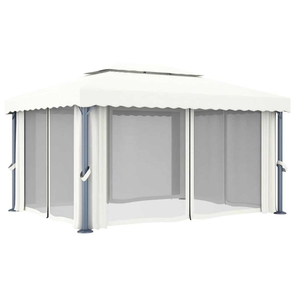 pavillon med gardin og LED-lyskæder 4x3 m cremefarvet