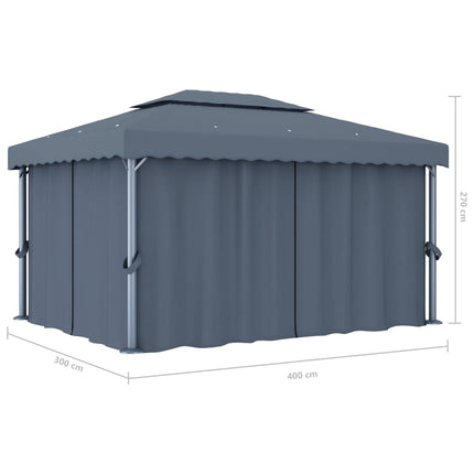 pavillon med gardin og LED-lyskæder 4x3 m antracitgrå
