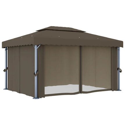 pavillon med gardin og LED-lyskæder 4x3 m gråbrun