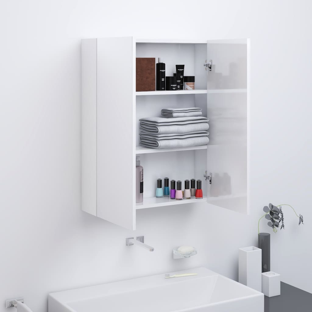 badeværelsesskab med spejl 60x15x75 cm MDF skinnende hvid