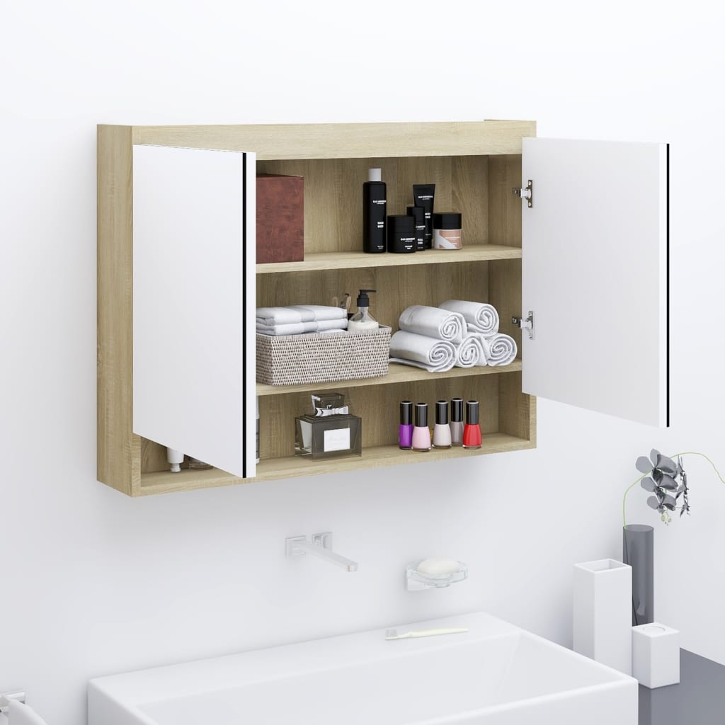 badevrelsesskab med spejl 80x15x60 cm MDF hvid og eg