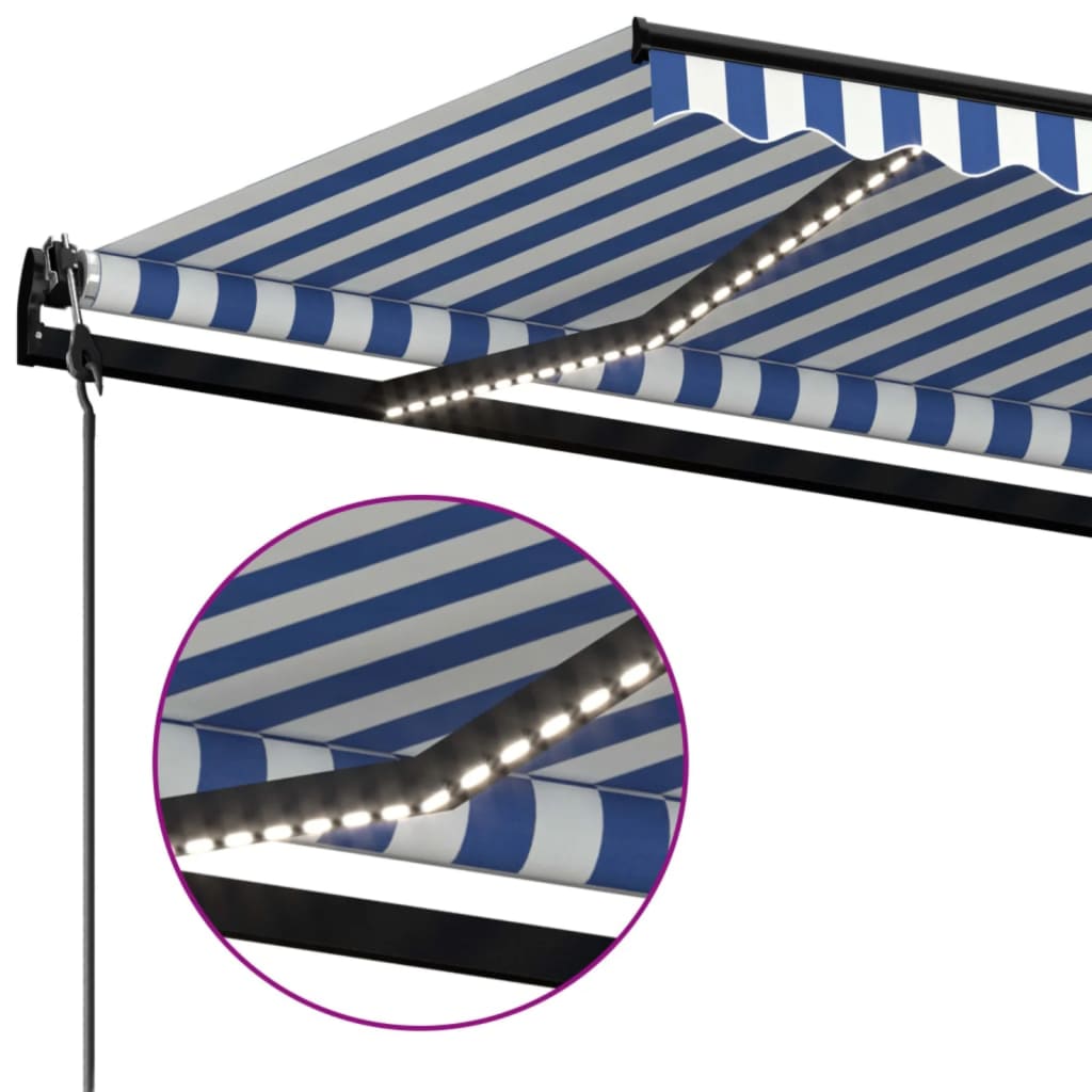 markise m. LED + vindsensor 450x350 cm automatisk blå og hvid