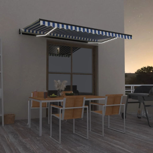 markise m. LED + vindsensor 450x350 cm automatisk blå og hvid