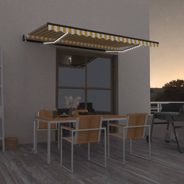 markise m. LED + vindsensor 450x350 cm automatisk gul og hvid