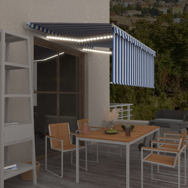 markise m. gardin + LED 3x2,5 m manuel betjening blå og hvid