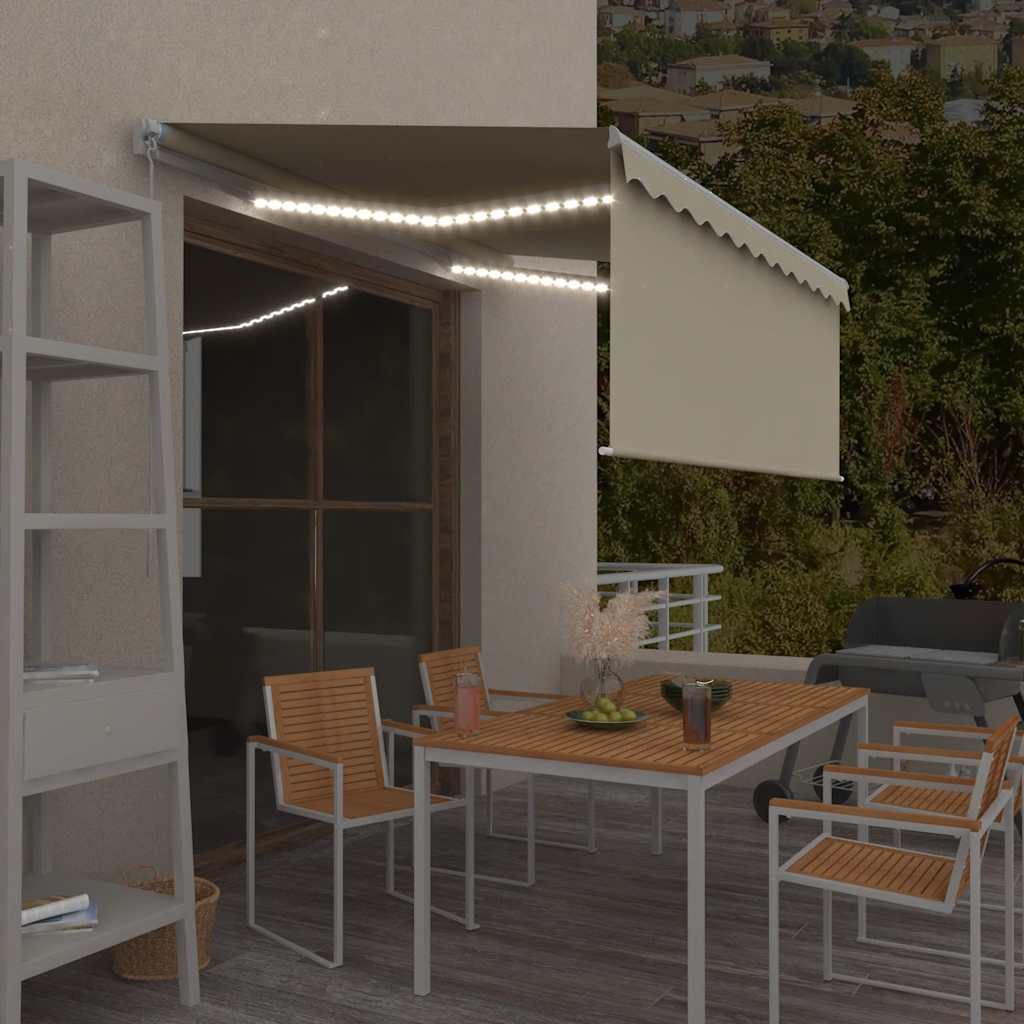 markise m. gardin + LED 3x2,5 m manuel betjening cremefarvet