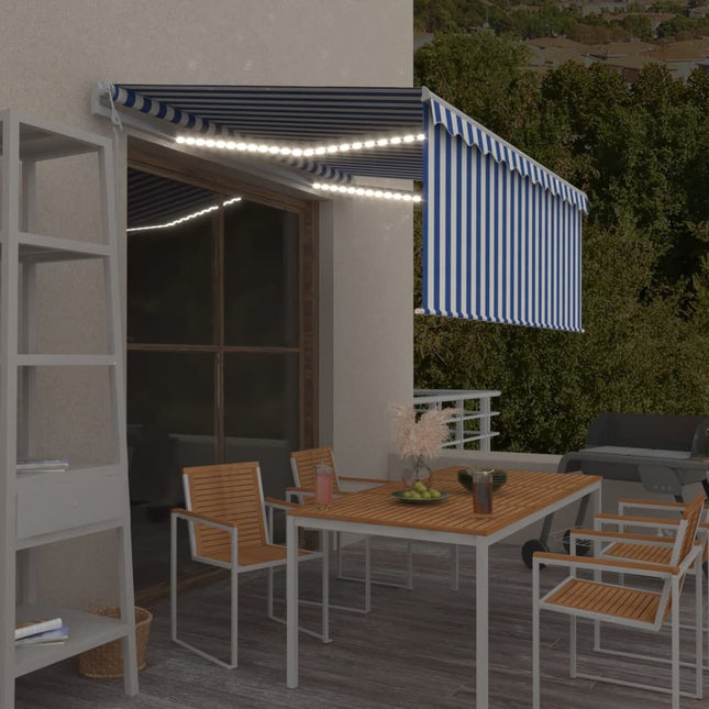 markise m. gardin+LED+vindsensor 3x2,5 m automatisk blå og hvid
