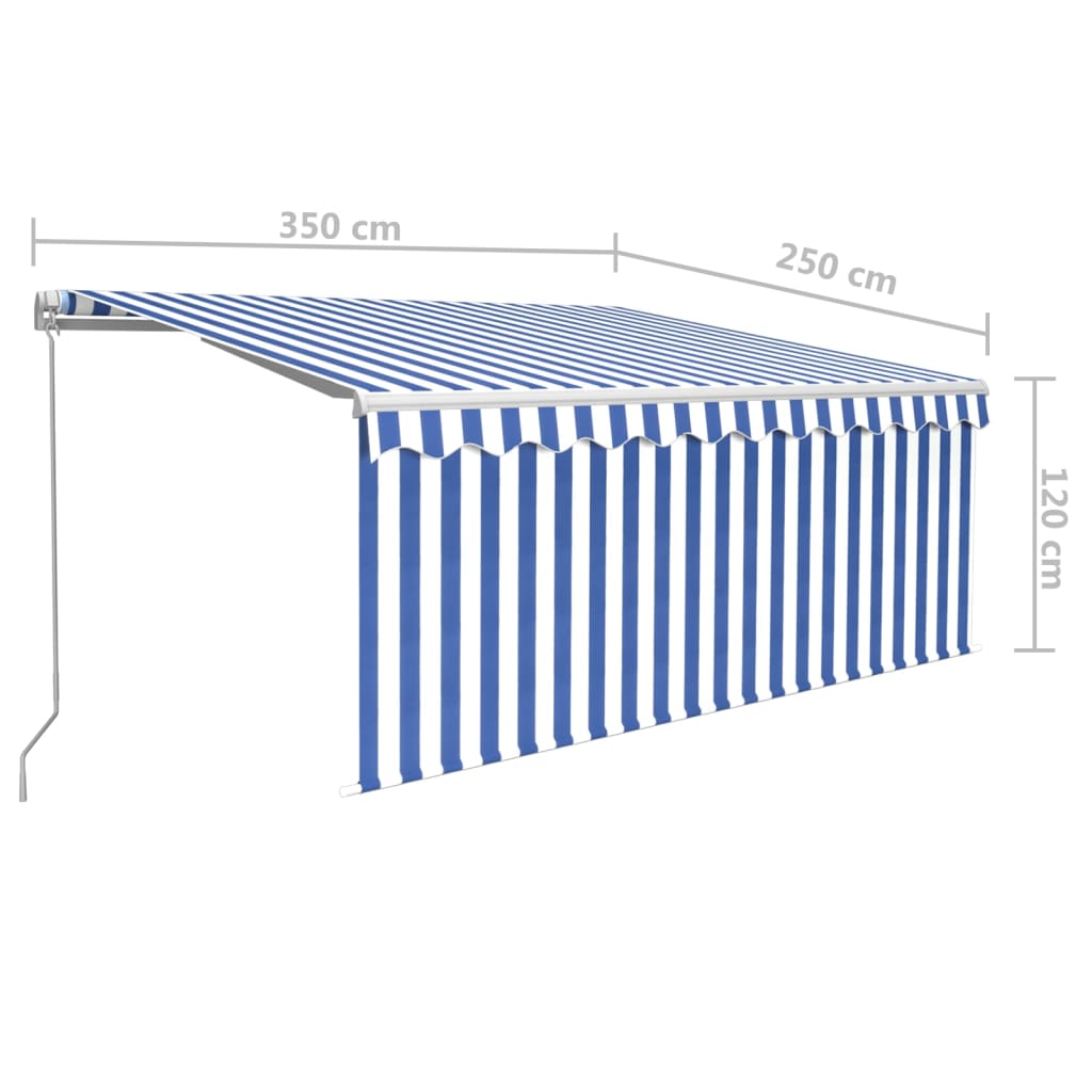 markise m. gardin 3,5x2,5 m manuel betjening blå og hvid