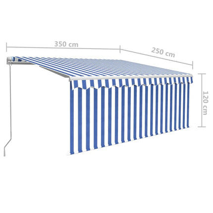 markise m. gardin + LED 3,5x2,5 m manuel betjening blå og hvid