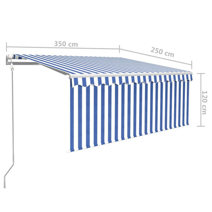 markise m. gardin+LED+vindsensor 3,5x2,5 m auto blå og hvid