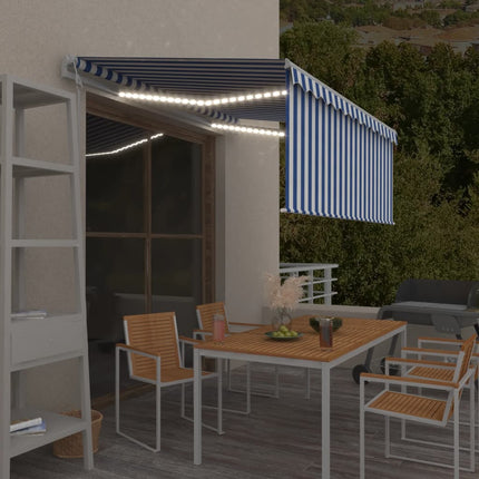 markise m. gardin+LED+vindsensor 3,5x2,5 m auto blå og hvid