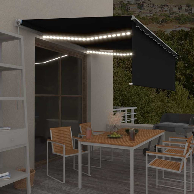 markise m. gardin + LED 4,5x3 m manuel betjening antracitgrå