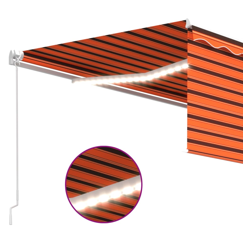 markise m. gardin + LED 4,5x3 m manuel betjening orange og brun