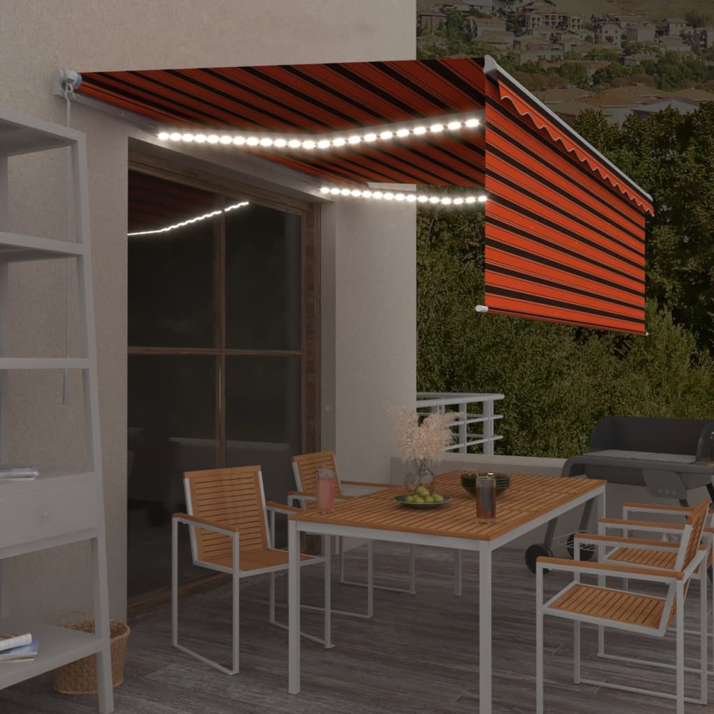 markise m. gardin + LED 4,5x3 m manuel betjening orange og brun