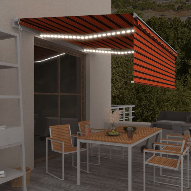 markise m. gardin+LED+vindsensor 4,5x3 m automatisk orange/brun