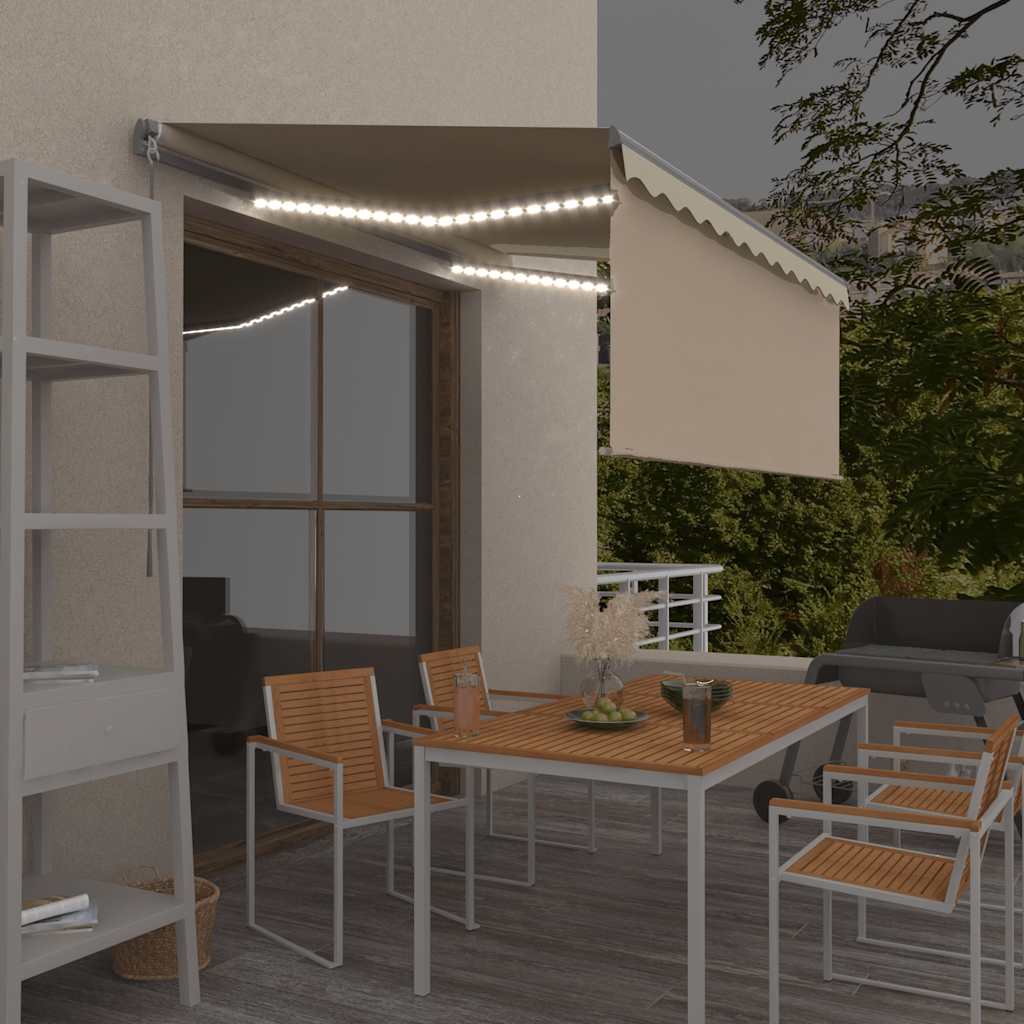 markise m. gardin + LED 3,5x2,5 m manuel betjening cremefarvet