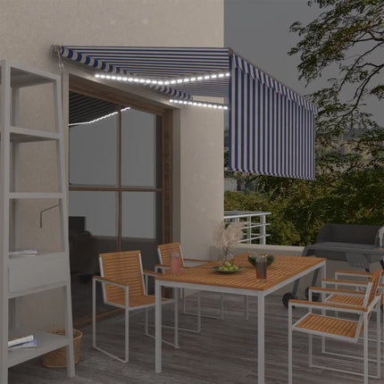 markise m. gardin+LED+vindsensor 3,5x2,5 m auto blå og hvid