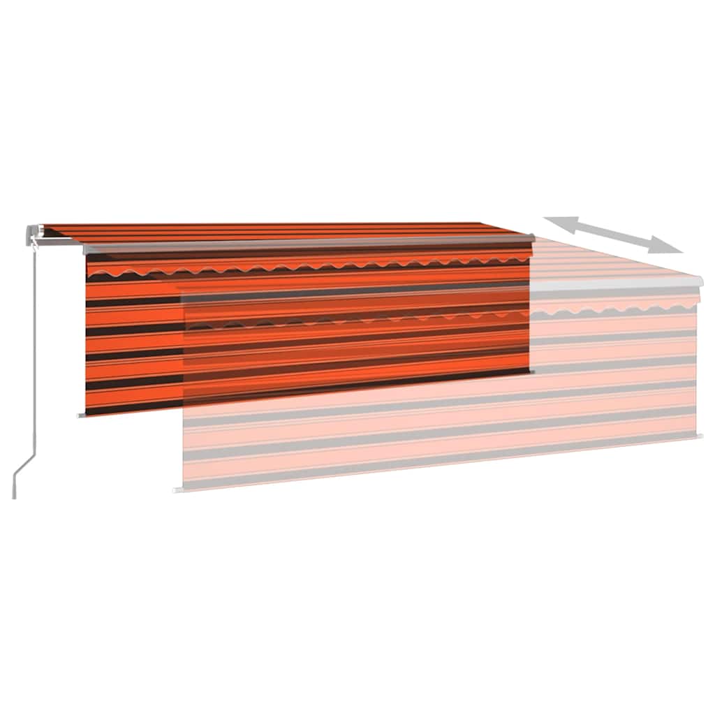 markise m. gardin + LED 4,5x3 m manuel betjening orange og brun