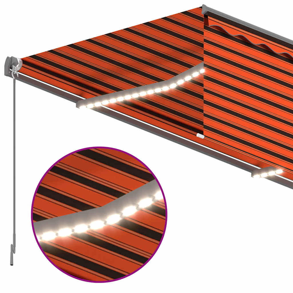 markise m. gardin + LED 4,5x3 m manuel betjening orange og brun