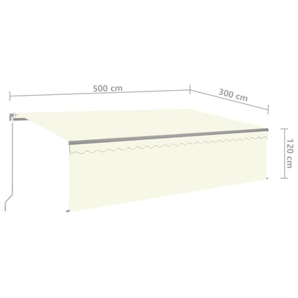markise m. gardin + LED 5x3 m manuel betjening cremefarvet