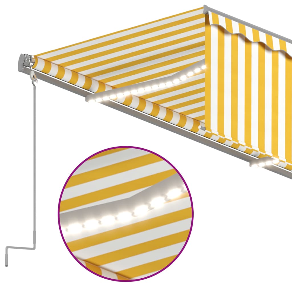 markise m. gardin + LED 5x3 m manuel betjening gul og hvid
