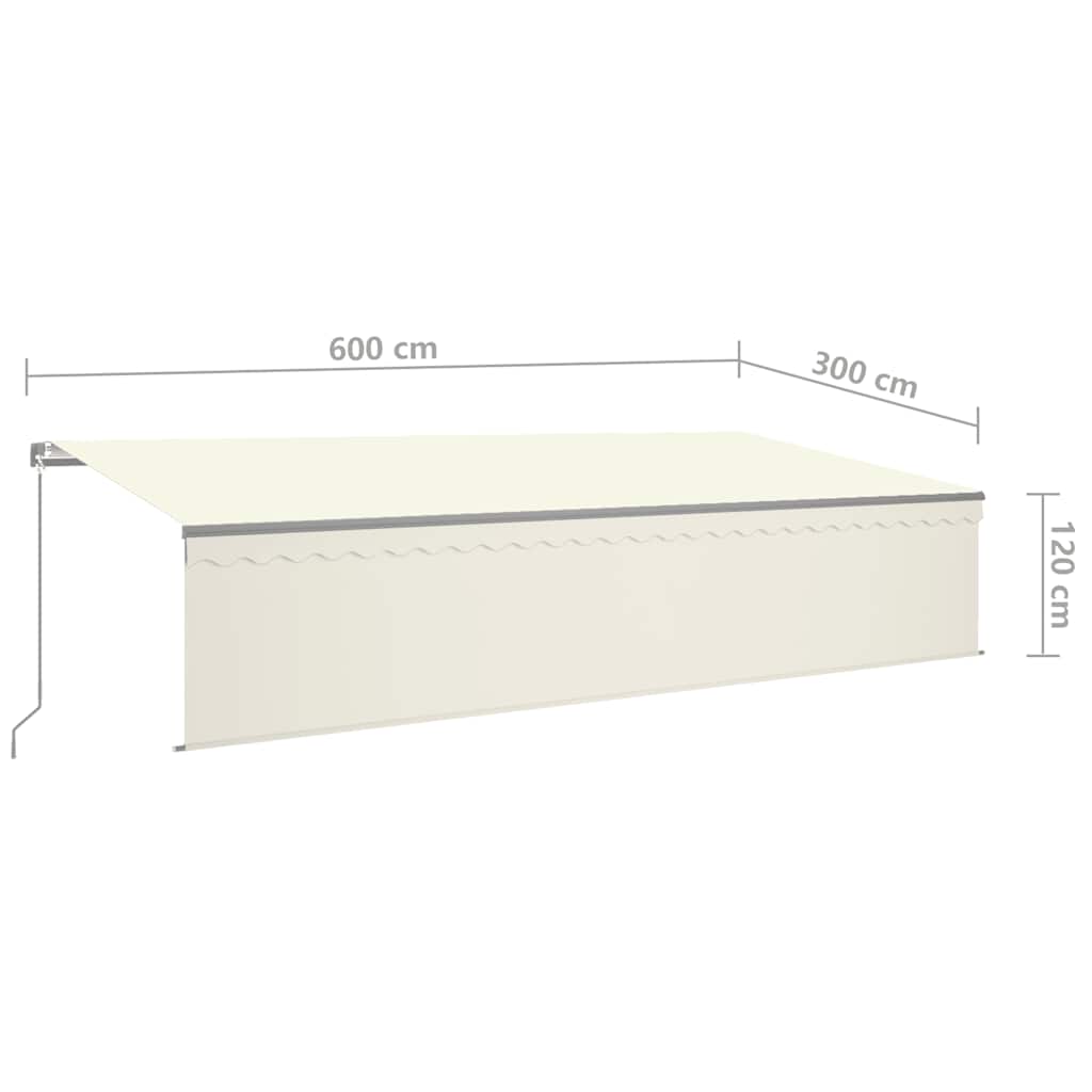 markise m. gardin + LED 6x3 m manuel betjening cremefarvet