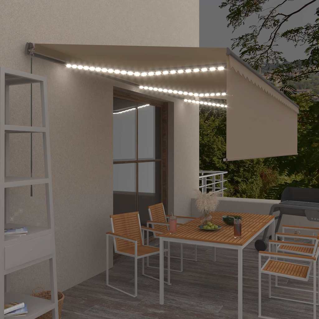 markise m. gardin + LED 6x3 m manuel betjening cremefarvet