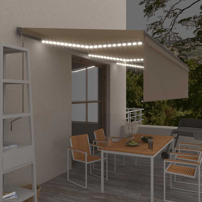 markise m. rullegardin+LED+vindsensor 6x3 m auto cremefarvet