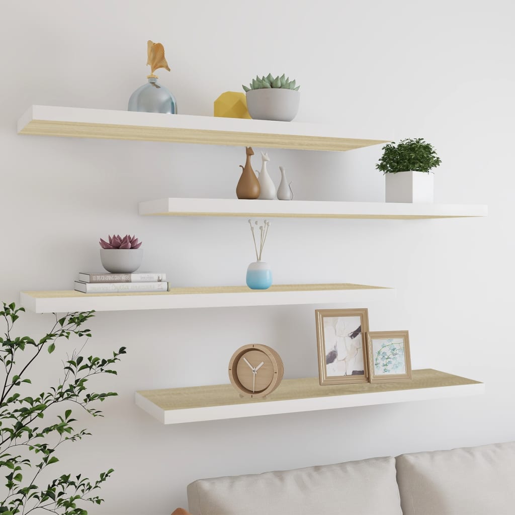 svævehylder 4 stk. 90x23,5x3,8 cm MDF egetræsfarve og hvid