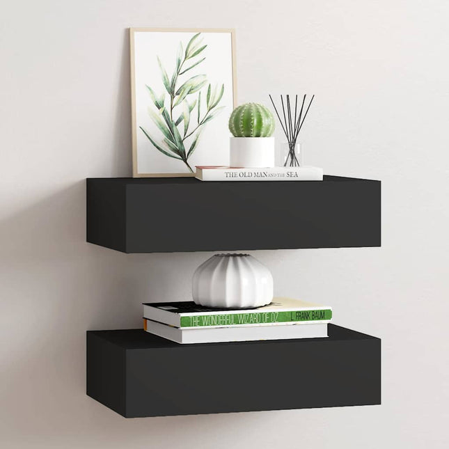 væghylder med skuffer 2 stk. 40x23,5x10 cm MDF sort