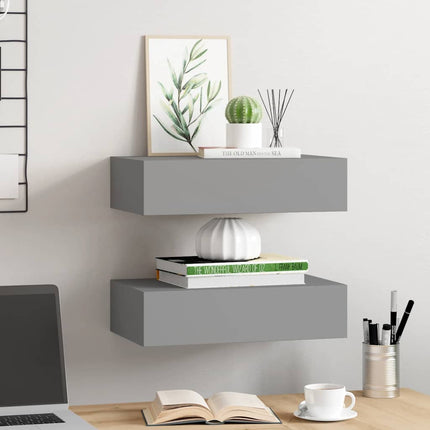 væghylder med skuffer 2 stk. 40x23,5x10 cm MDF grå