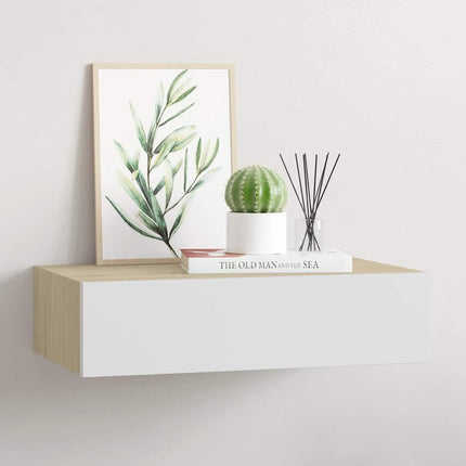 vægmonteret skuffehylde eg og hvid 40x23,5x10 cm MDF