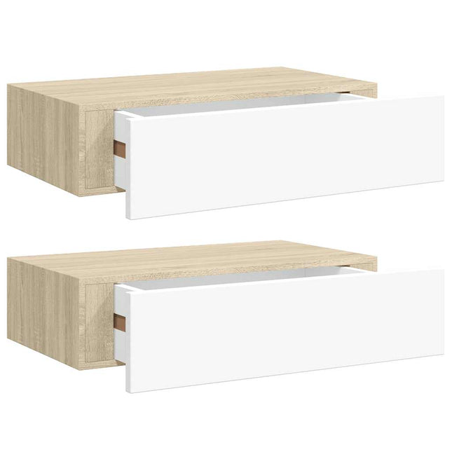 hylder med skuffe 2 stk. 40x23,5x10 cm MDF egetræsfarve og hvid