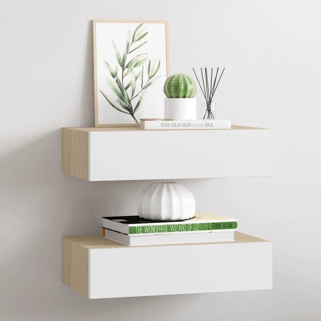 hylder med skuffe 2 stk. 40x23,5x10 cm MDF egetræsfarve og hvid
