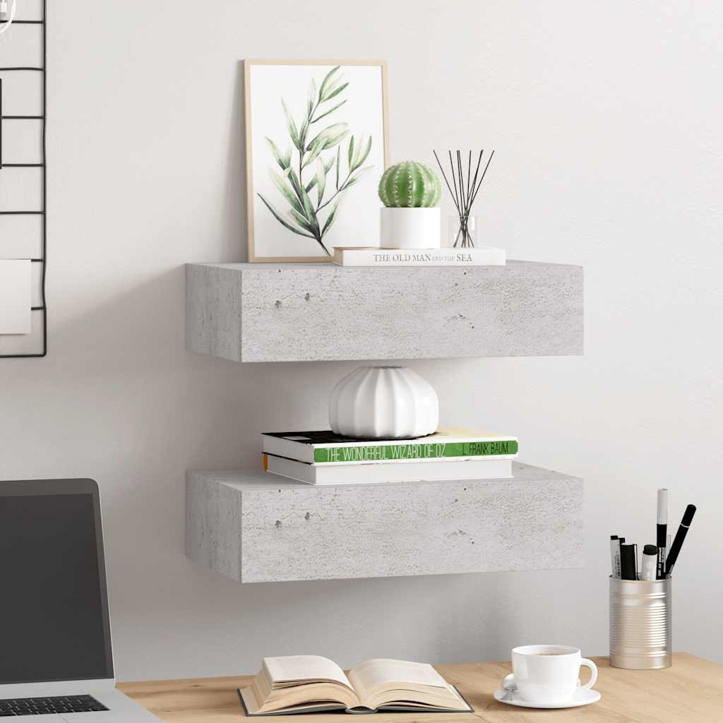 hylder med skuffe 2 stk. 40x23,5x10 cm MDF betongrå