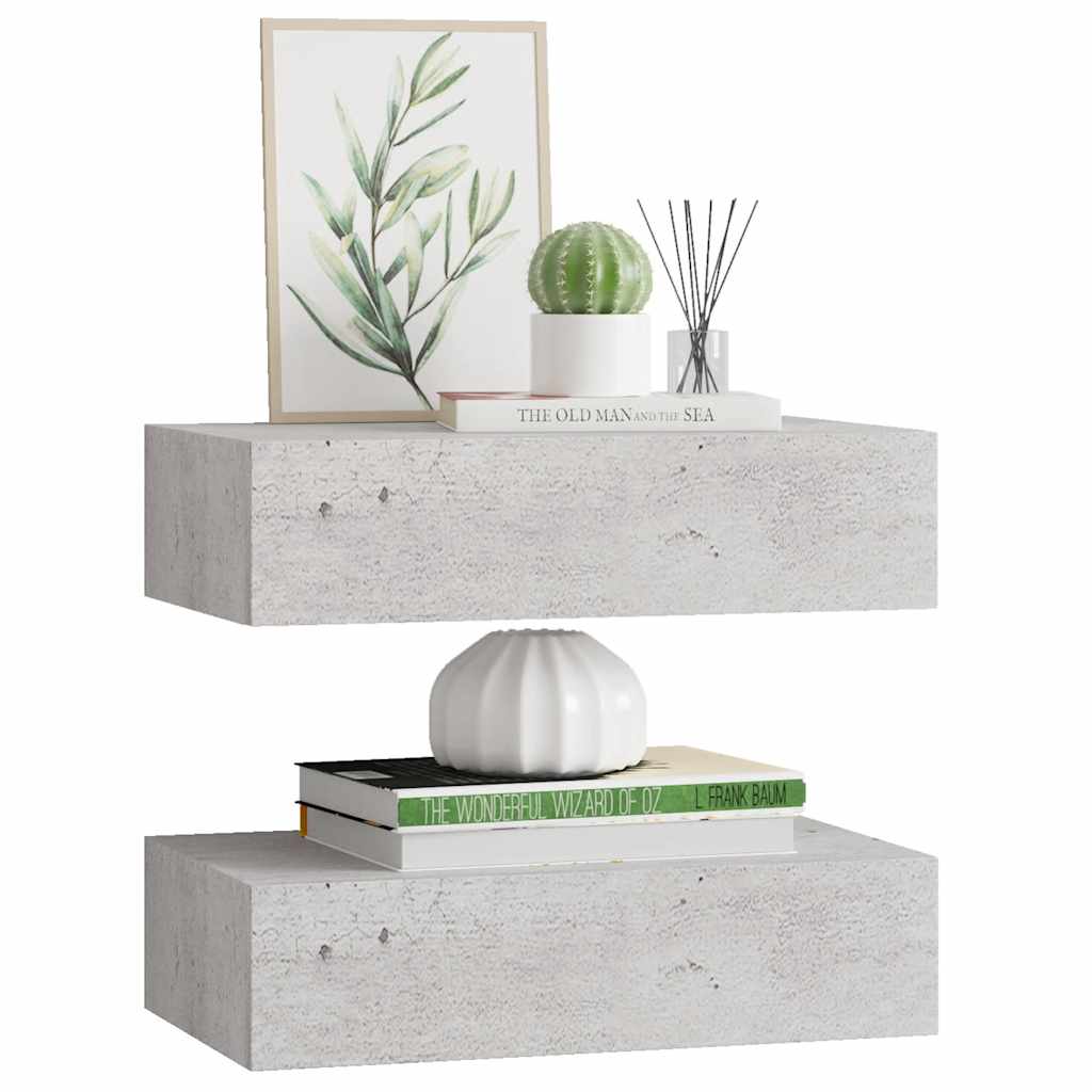 hylder med skuffe 2 stk. 40x23,5x10 cm MDF betongrå