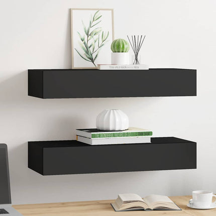 væghylder med skuffer 2 stk. 60x23,5x10 cm MDF sort