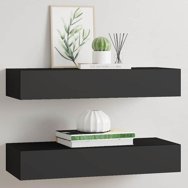 væghylder med skuffer 2 stk. 60x23,5x10 cm MDF sort
