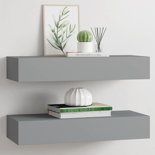 væghylder med skuffer 2 stk. 60x23,5x10 cm MDF grå