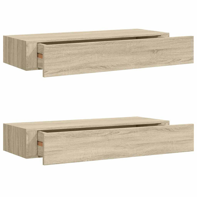 væghylder med skuffer 2 stk. 60x23,5x10 cm MDF egetræsfarvet