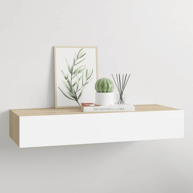 vægmonteret skuffehylde eg og hvid 60x23,5x10 cm MDF