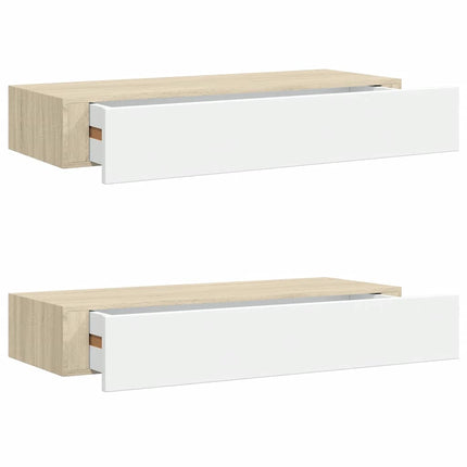 væghylder med skuffer 2 stk. eg og hvid 60x23,5x10 cm MDF