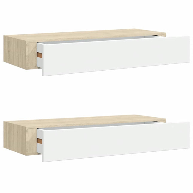 væghylder med skuffer 2 stk. eg og hvid 60x23,5x10 cm MDF